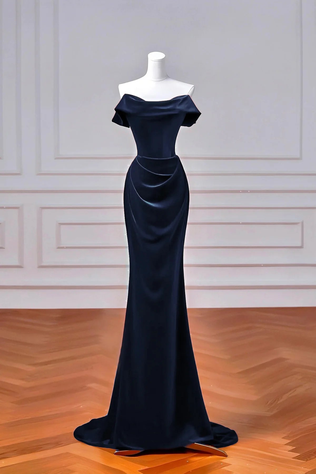 Navy Velvet Long Prom Dress Mermaid Off the Shoulder  Lace-up Dress ﻿