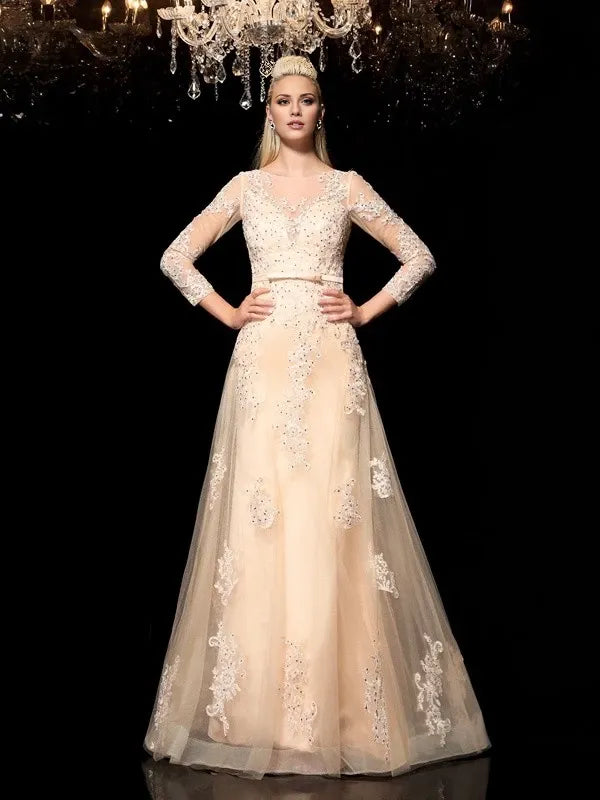 Neck Long Sleeves Satin Sheer Floor-Length With Applique Dresses Wedding Dresses