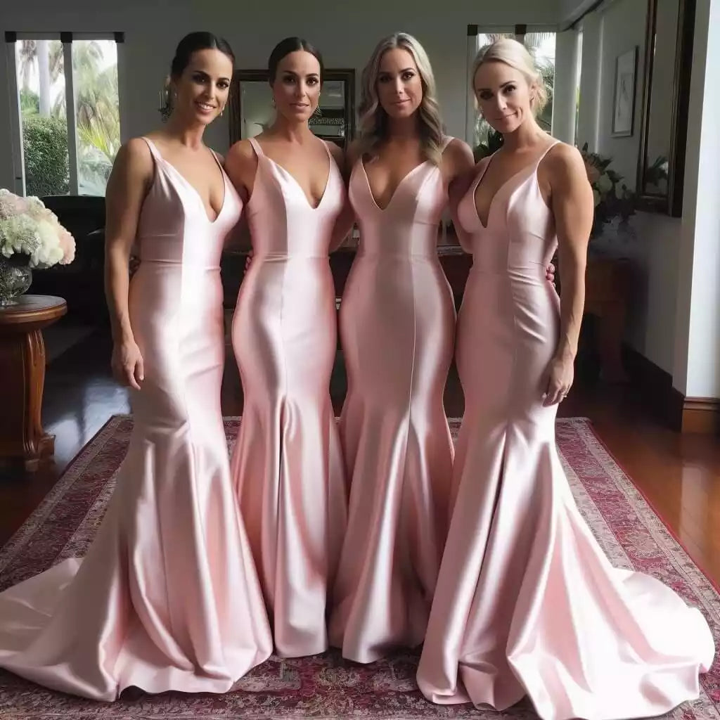 Neck sleeveless Long Pink Mermaid Bridesmaid Dresses Wedding Party Dresses