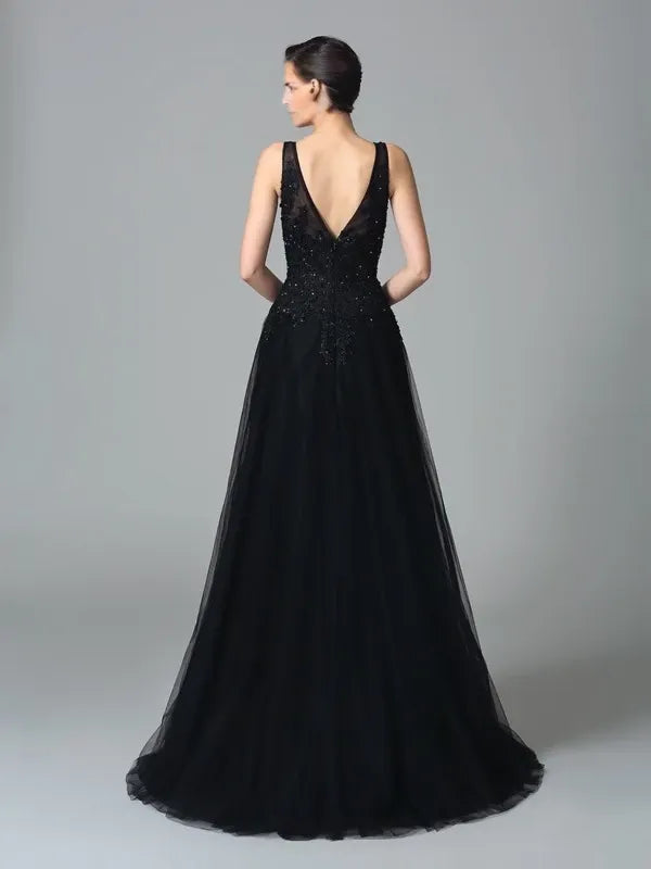 Net Straps Sleeveless A-Line Sweep Train With Beading Mother of the Bride Dresses