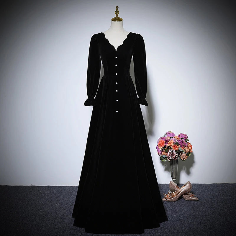 New Black V Neck Long Sleeved velvet  Lace Up Floor Length Evening Dress Party Dresses Prom Dress