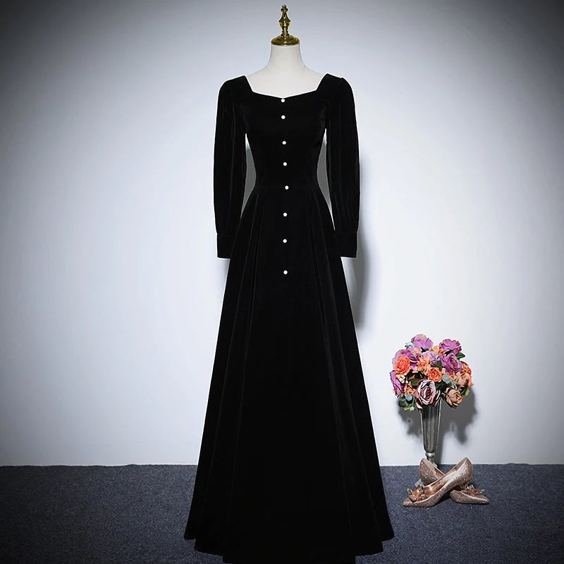 New Black Long Sleeved velvet  Lace Up Floor Length Evening Dress Party Dresses Prom Dress