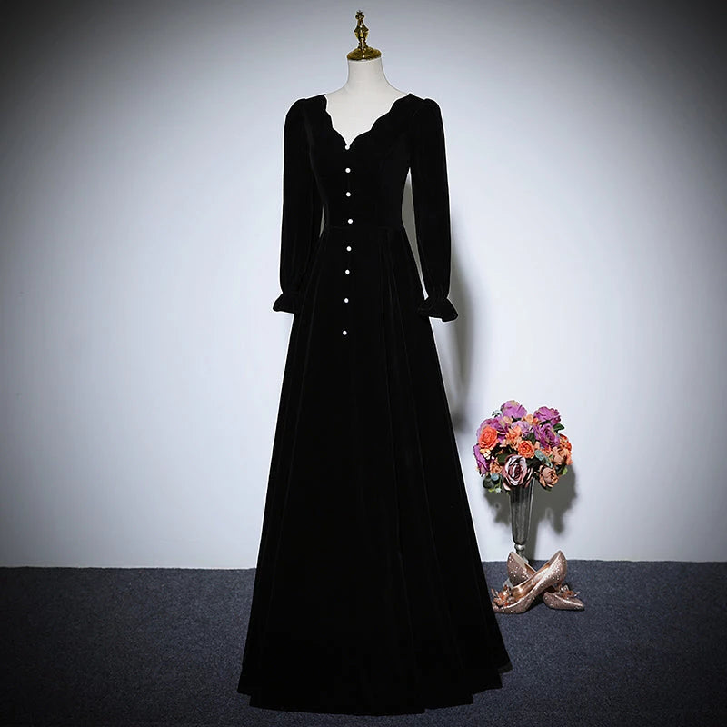 New Black V Neck Long Sleeved velvet  Lace Up Floor Length Evening Dress Party Dresses Prom Dress