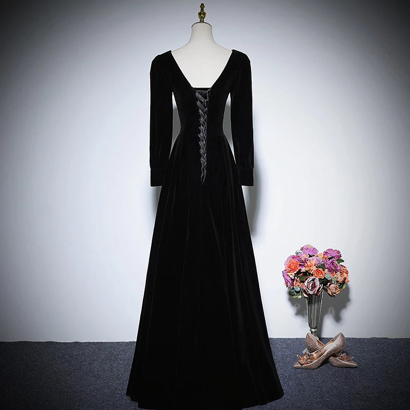 New Black Long Sleeved velvet  Lace Up Floor Length Evening Dress Party Dresses Prom Dress