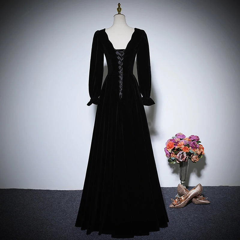 New Black V Neck Long Sleeved velvet  Lace Up Floor Length Evening Dress Party Dresses Prom Dress