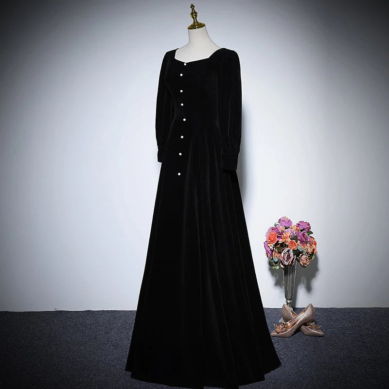 New Black Long Sleeved velvet  Lace Up Floor Length Evening Dress Party Dresses Prom Dress