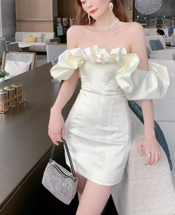 New Fashion White Off-the-shoulder Satin Sheath Short  Prom Dress Party Dress Cocktail Dress Homecoming Dress Evening Dress