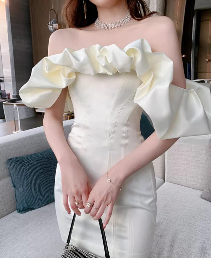 New Fashion White Off-the-shoulder Satin Sheath Short  Prom Dress Party Dress Cocktail Dress Homecoming Dress Evening Dress