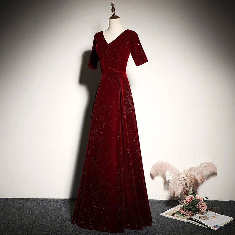 New Style A Line long Velvet New Long sleeved Lace Up Floor Length Evening Dress Party Dresses Prom Dress