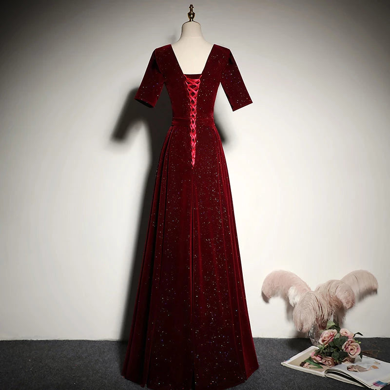 New Style A Line long Velvet New Long sleeved Lace Up Floor Length Evening Dress Party Dresses Prom Dress