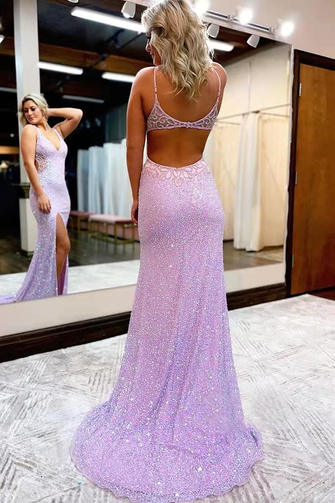 New Style V Neck Sleeveless floor length Long Prom Dress Sparkly Sequined Evening Dress With Slit