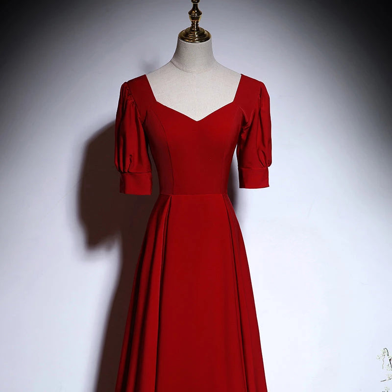 New style A line Satin Short Sleeve Lace Up Floor Length Evening Dress Party Dresses Prom Dress