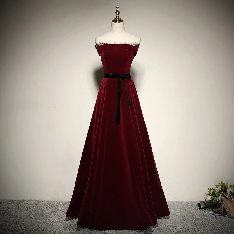 New style A line Strapless Sleeveless Velvet Lace Up Floor Length Evening Dress Party Dresses Prom Dress