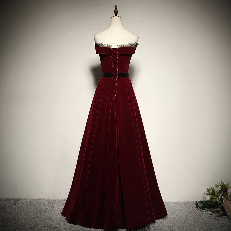 New style A line Strapless Sleeveless Velvet Lace Up Floor Length Evening Dress Party Dresses Prom Dress