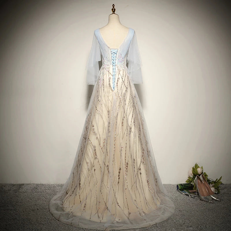 New style A line Tulle Long sleeved Lace Up Floor Length Evening Dress Party Dresses Prom Dress