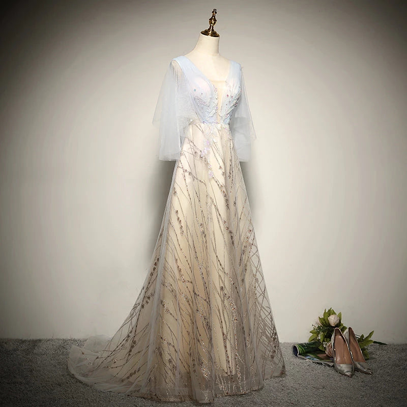 New style A line Tulle Long sleeved Lace Up Floor Length Evening Dress Party Dresses Prom Dress