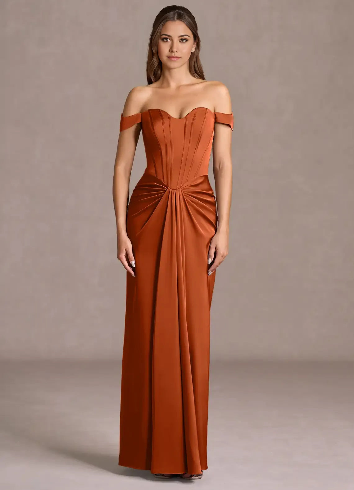 Off-Shoulder Satin Sheath Ruched Waist Lace Up Back High Slit Floor Length Hot sale Prom Dress