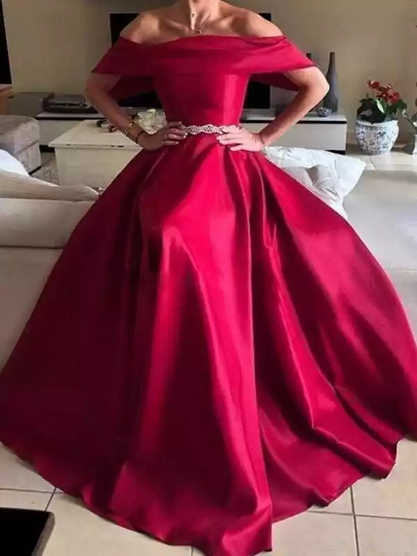 Off-The-Shoulder Floor-Length With Belt Satin Dresses Prom Dress