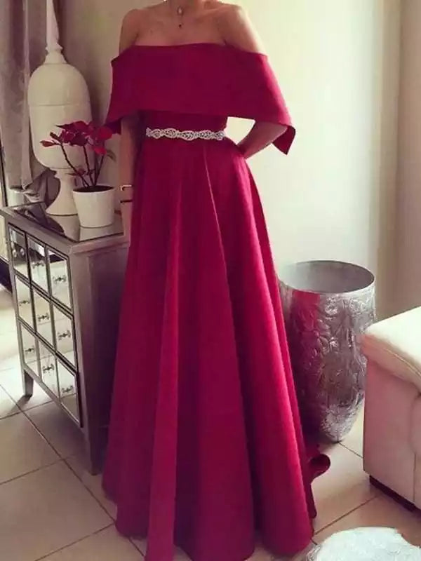 Off-The-Shoulder Floor-Length With Belt Satin Dresses Prom Dress