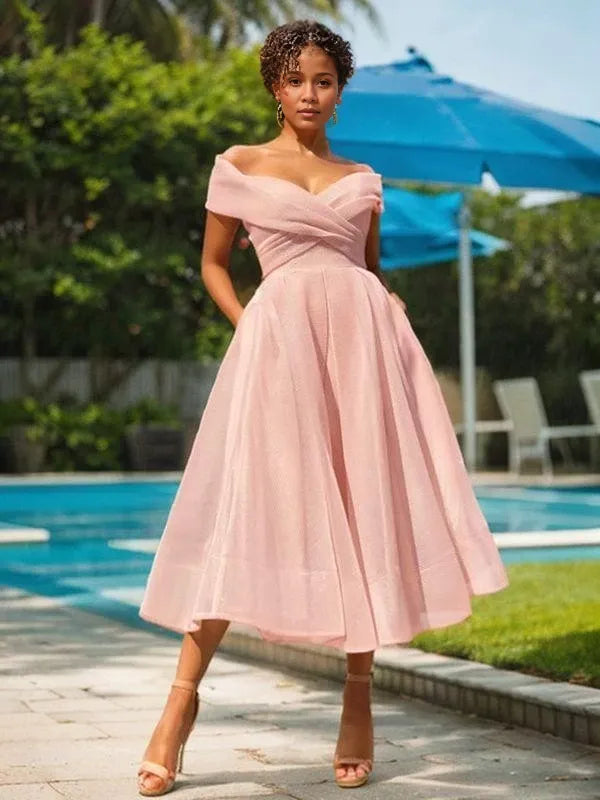 Off-the-Shoulder Princess Ruched Sleeveless Organza Tea-Length Homecoming Dresses