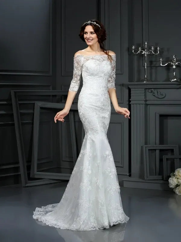 Off-the-Shoulder Sheath Lace Short Sleeves Sweep Train With Lace Wedding Dresses