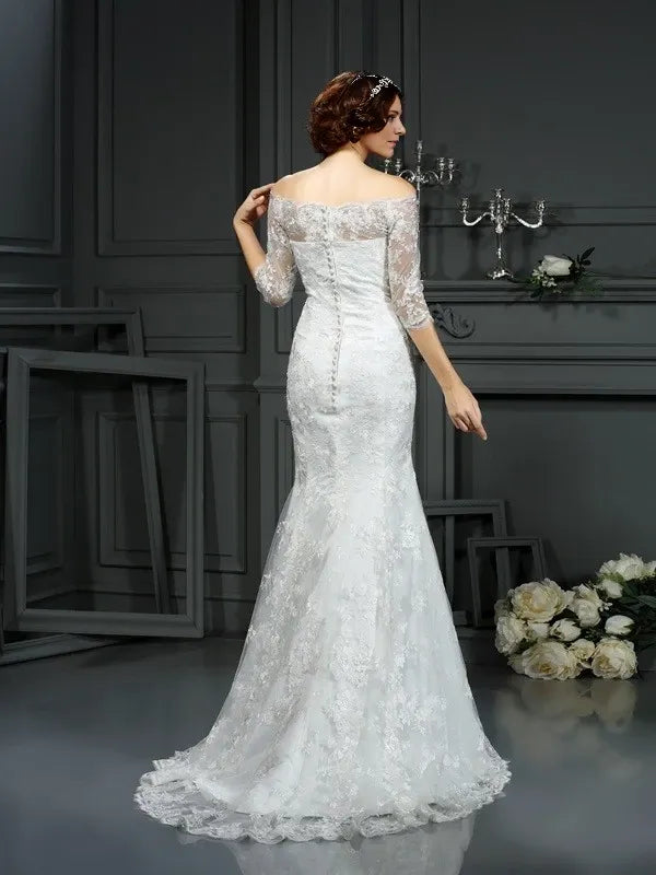 Off-the-Shoulder Sheath Lace Short Sleeves Sweep Train With Lace Wedding Dresses