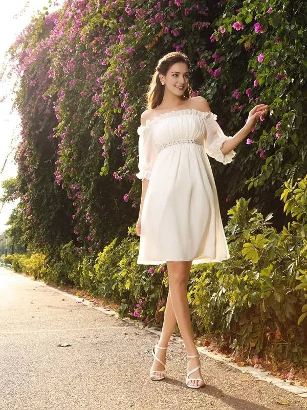 Off-the-Shoulder Short Sleeves Chiffon Knee-Length With Beading Prom Dress