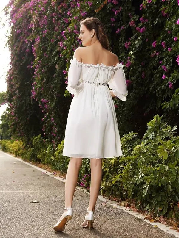 Off-the-Shoulder Short Sleeves Chiffon Knee-Length With Beading Prom Dress