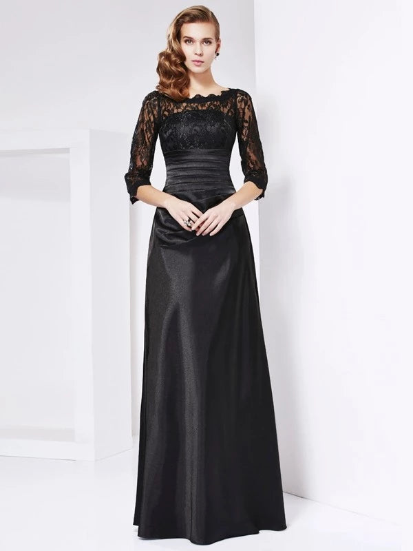 Off-the-Shoulder Short Sleeves Sheath Elastic Woven Satin Floor-Length With Lace Mother of the Bride Dresses