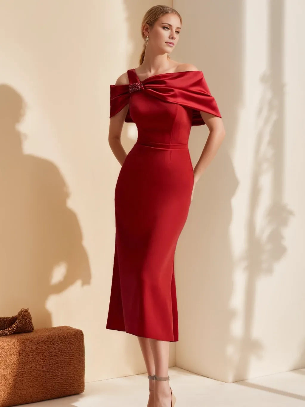 Off-the-Shoulder Short Sleeves Sheath Red Length Evening Dresses