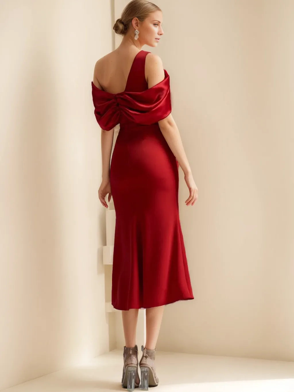 Off-the-Shoulder Short Sleeves Sheath Red Length Evening Dresses