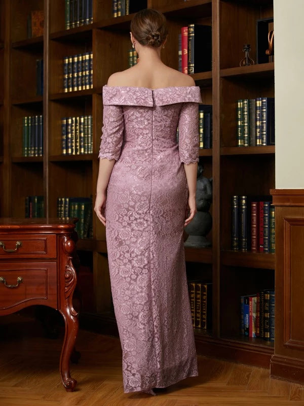 Off-the-Shoulder Short Sleeves Sheath Satin Lace Floor-Length Mother of the Bride Dresses