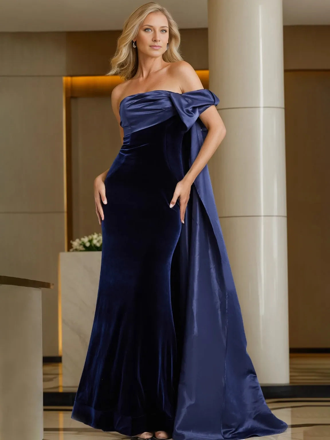 Off-the-Shoulder Sleeveless Column Floor-Length Evening Dresses with Watteau Train Evening Dresses