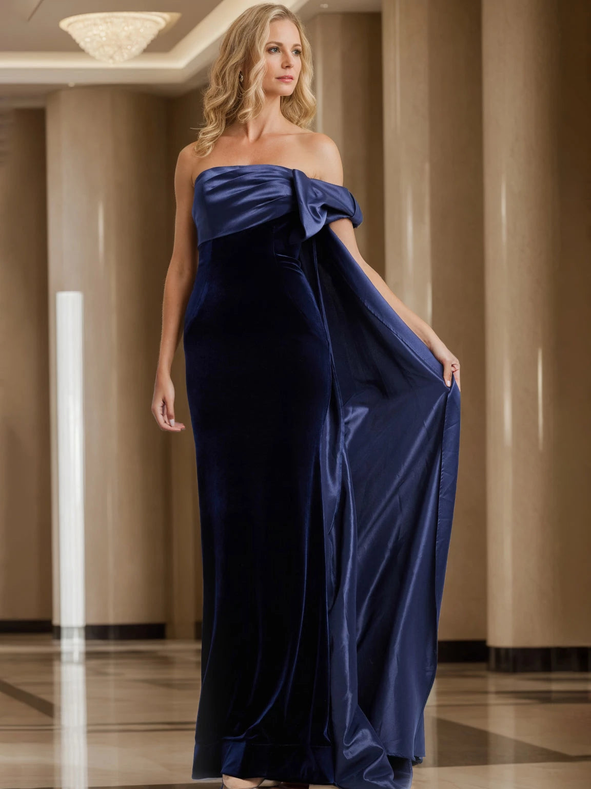 Off-the-Shoulder Sleeveless Column Floor-Length Evening Dresses with Watteau Train Evening Dresses