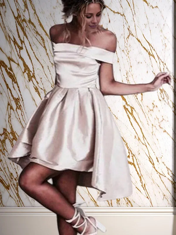 Off-the-Shoulder Sleeveless Silk like Satin Short With Ruffles Dresses Homecoming Dresses