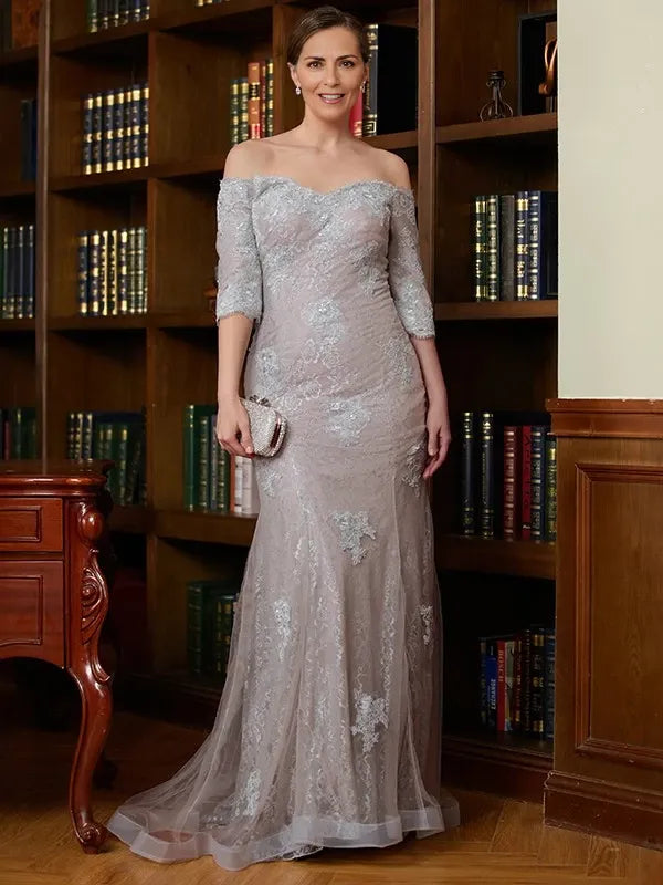 Off-the-Shoulder Sleeves Sheath Lace Applique Sweep Train Mother of the Bride Dresses