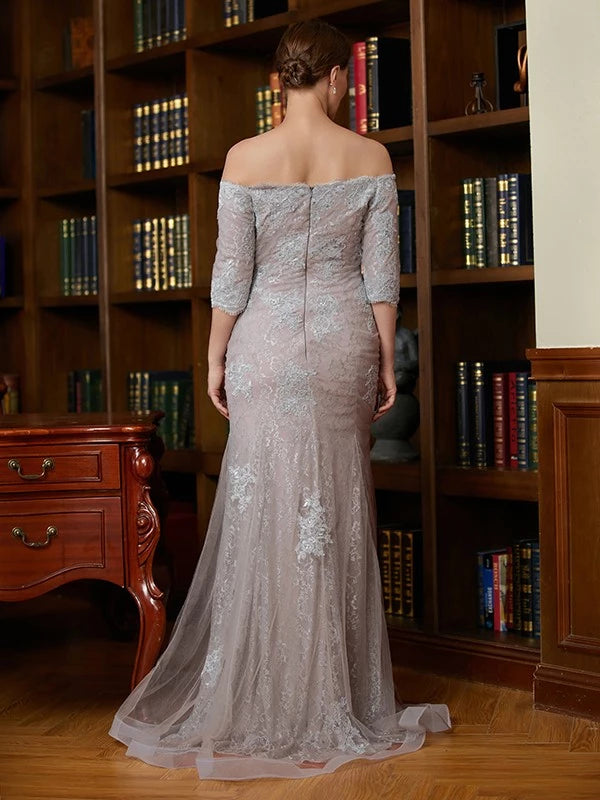 Off-the-Shoulder Sleeves Sheath Lace Applique Sweep Train Mother of the Bride Dresses