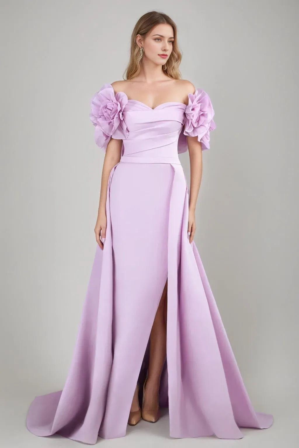Off-the-shoulder Floor-Length Ruched Princess Evening Dresses with Ruffles 3D Flowers Slit Belt