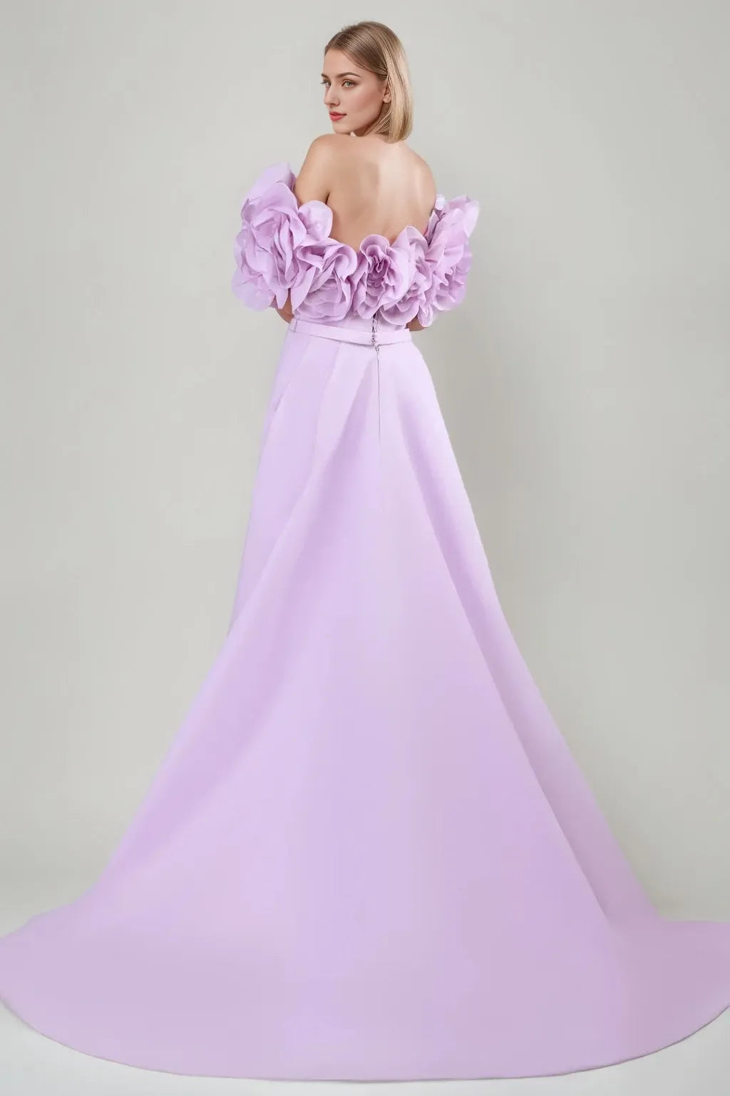 Off-the-shoulder Floor-Length Ruched Princess Evening Dresses with Ruffles 3D Flowers Slit Belt