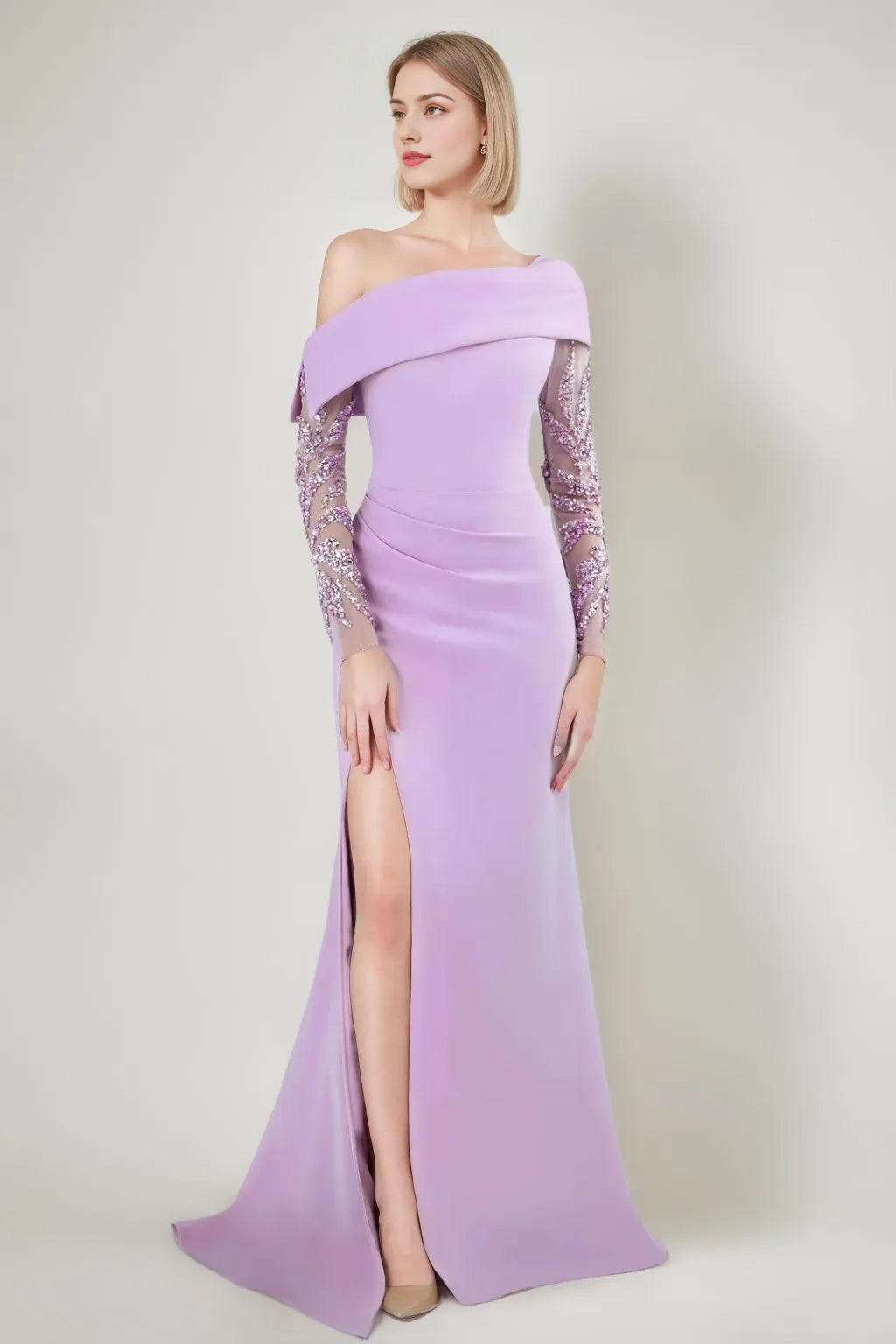 Off-the-shoulder Mermaid Floor-Length Evening Dresses with Embroidered Tulle Sleeves Side Slit