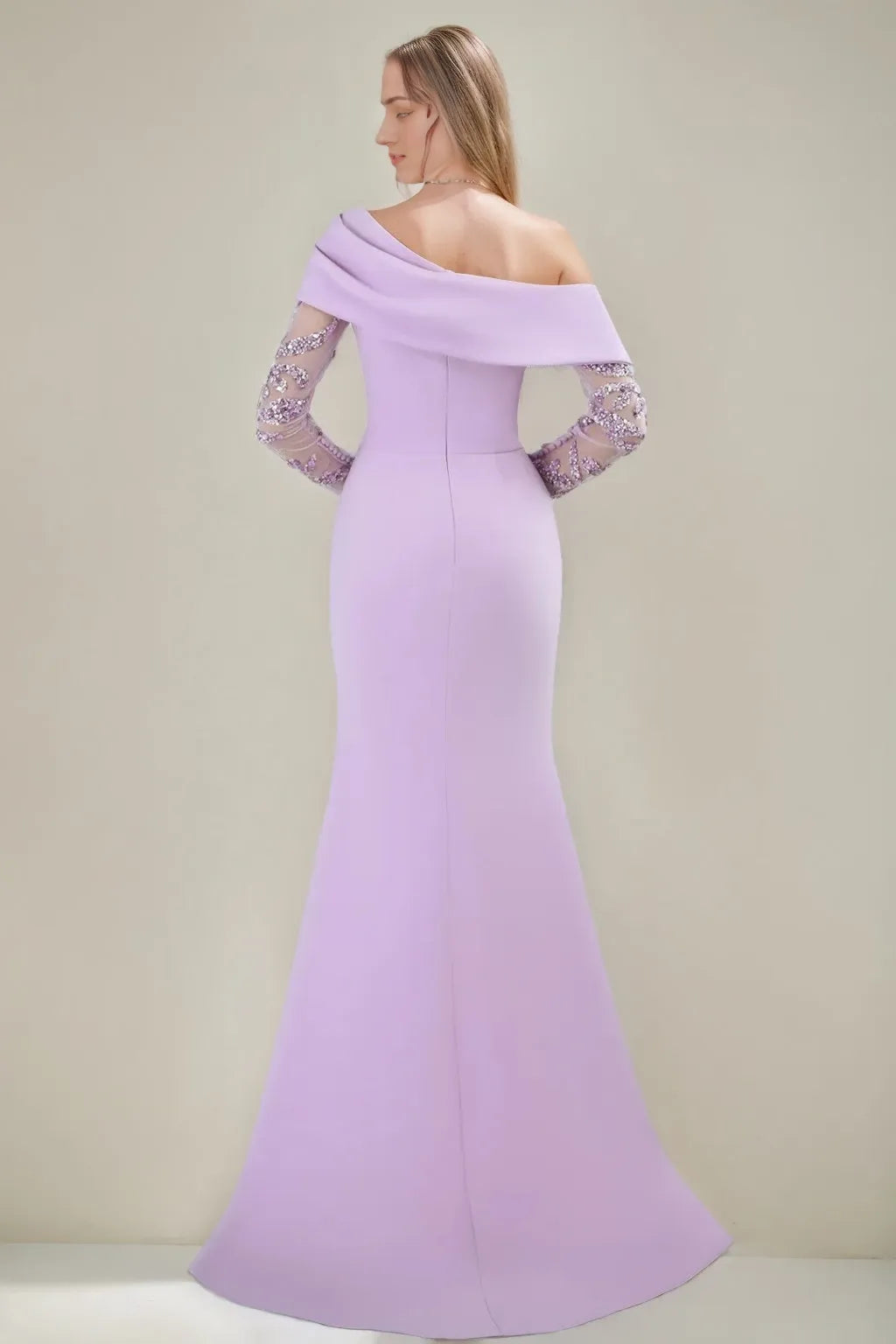 Off-the-shoulder Mermaid Floor-Length Evening Dresses with Embroidered Tulle Sleeves Side Slit