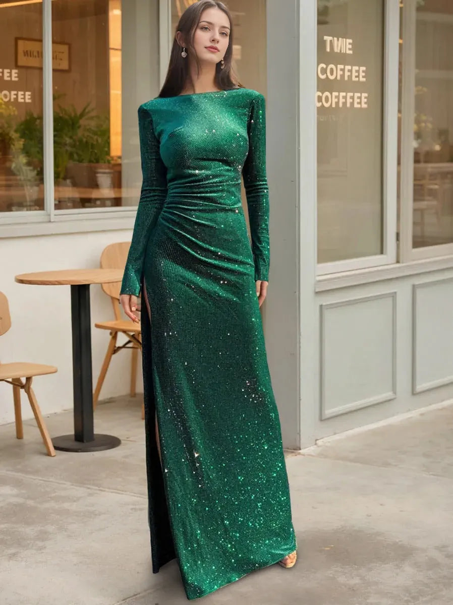 Off-the-shoulder Sheath Floor Length Long Sleeve With Sequins Evening Dresses Prom Dress