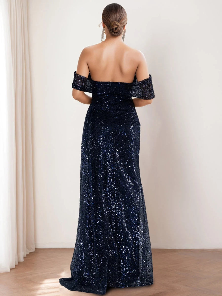 Off-the-shoulder Column Sequined Mother of the Bride Groom Dresses with Split Front