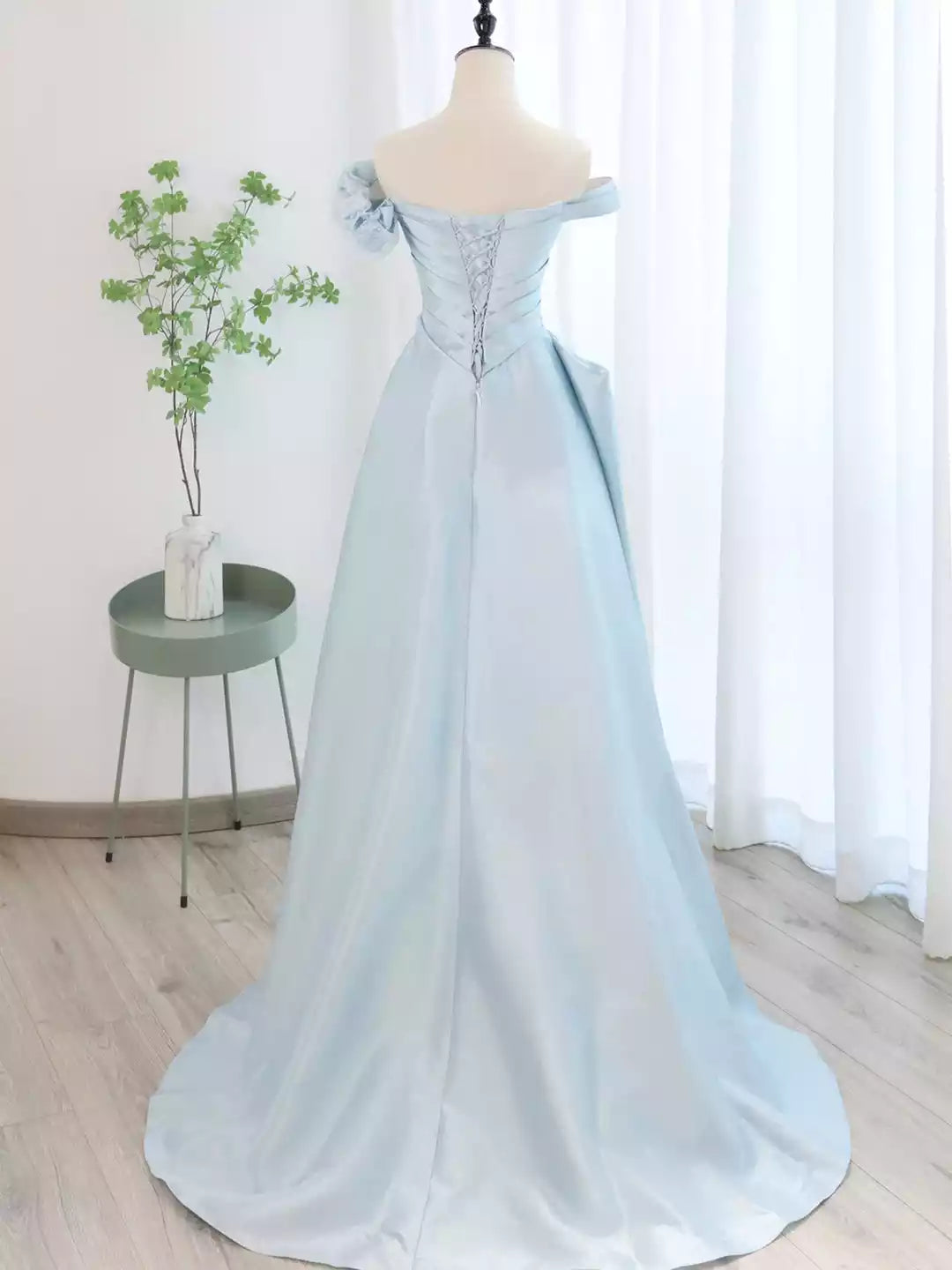 Off Shoulder Blue Satin Tulle Long Prom Dress Formal Evening Dress