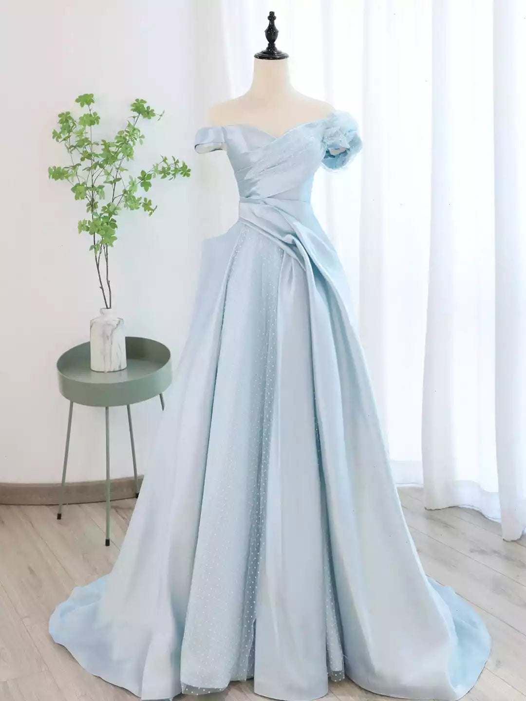 Off Shoulder Blue Satin Tulle Long Prom Dress Formal Evening Dress