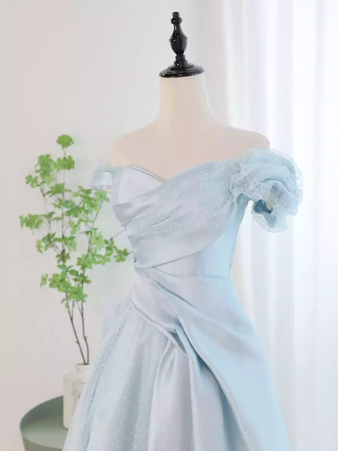 Off Shoulder Blue Satin Tulle Long Prom Dress Formal Evening Dress