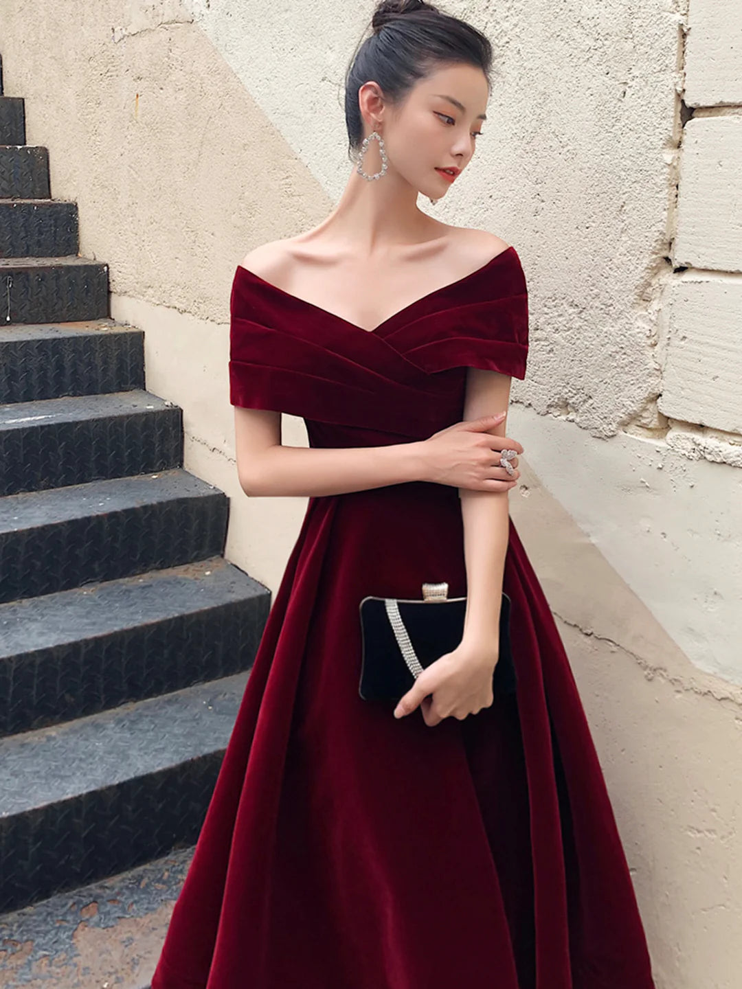 Off Shoulder Burgundy V-Neck Velvet Long Prom Dress Evening Party Dress