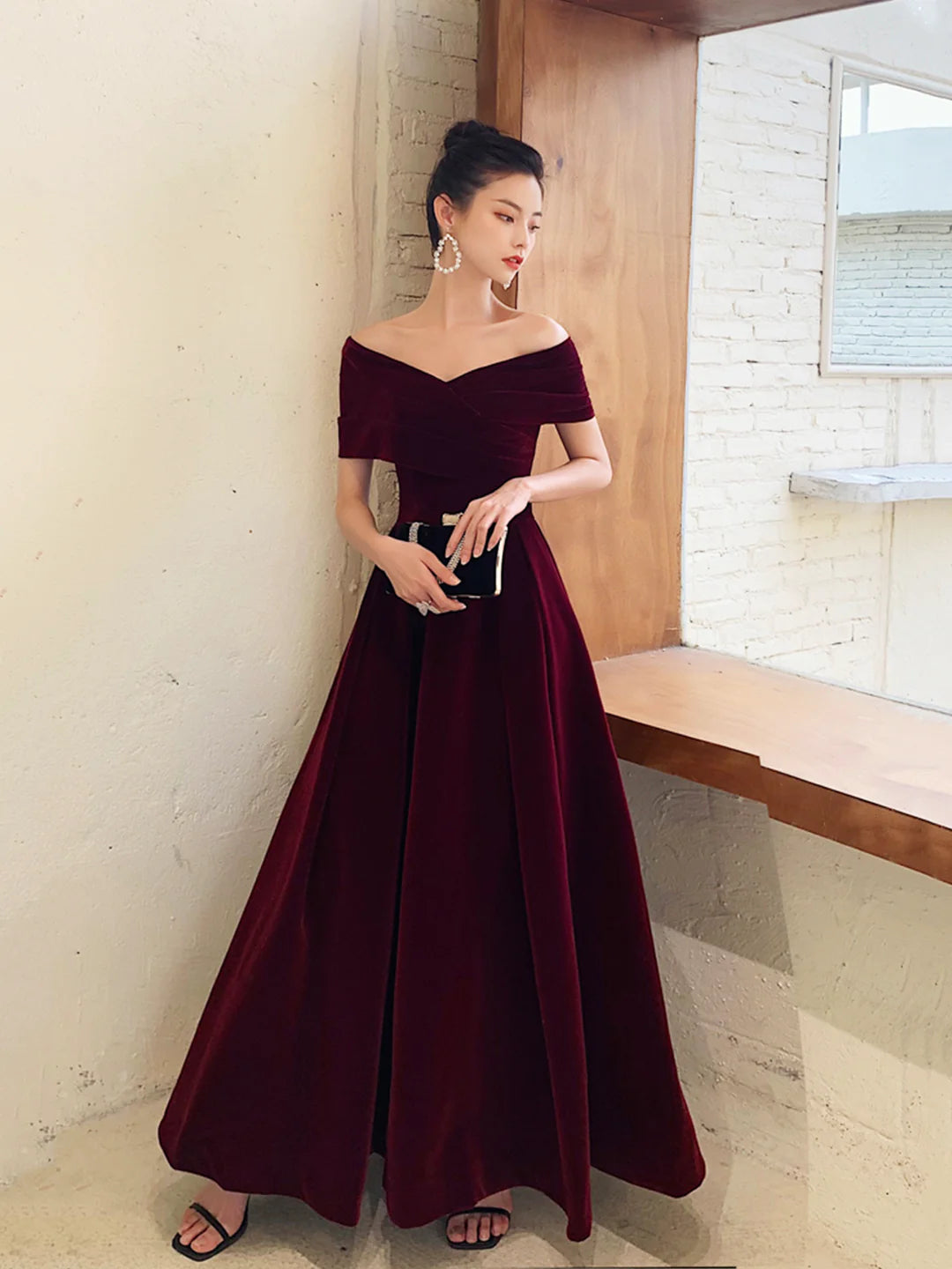 Off Shoulder Burgundy V-Neck Velvet Long Prom Dress Evening Party Dress