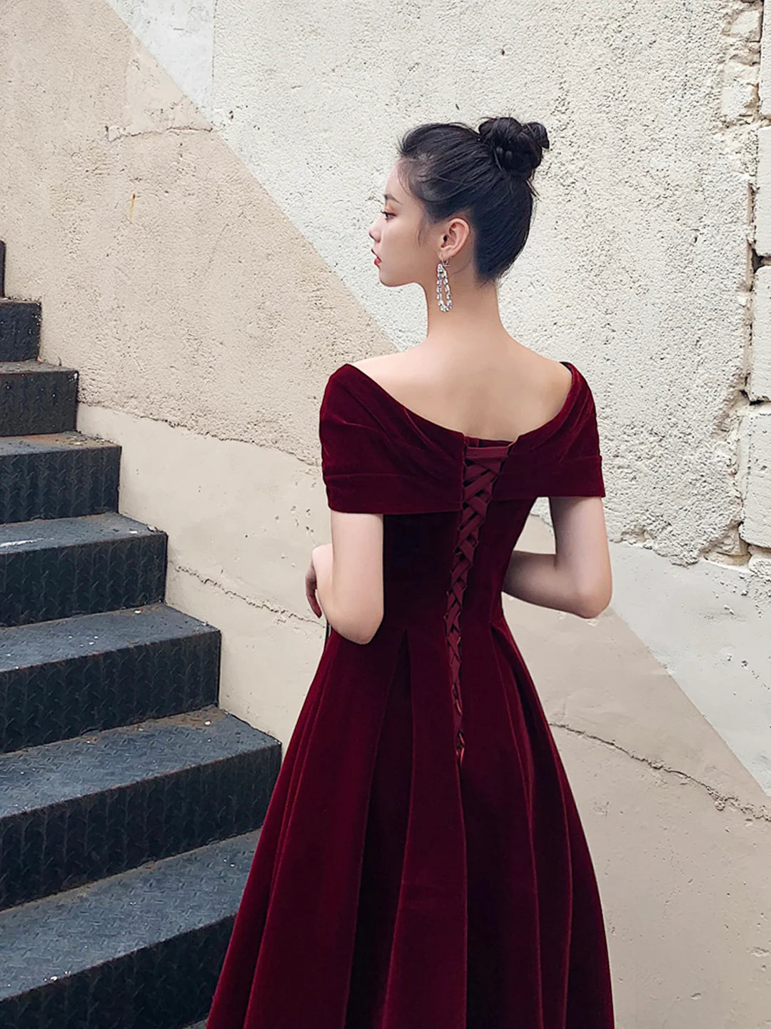 Off Shoulder Burgundy V-Neck Velvet Long Prom Dress Evening Party Dress