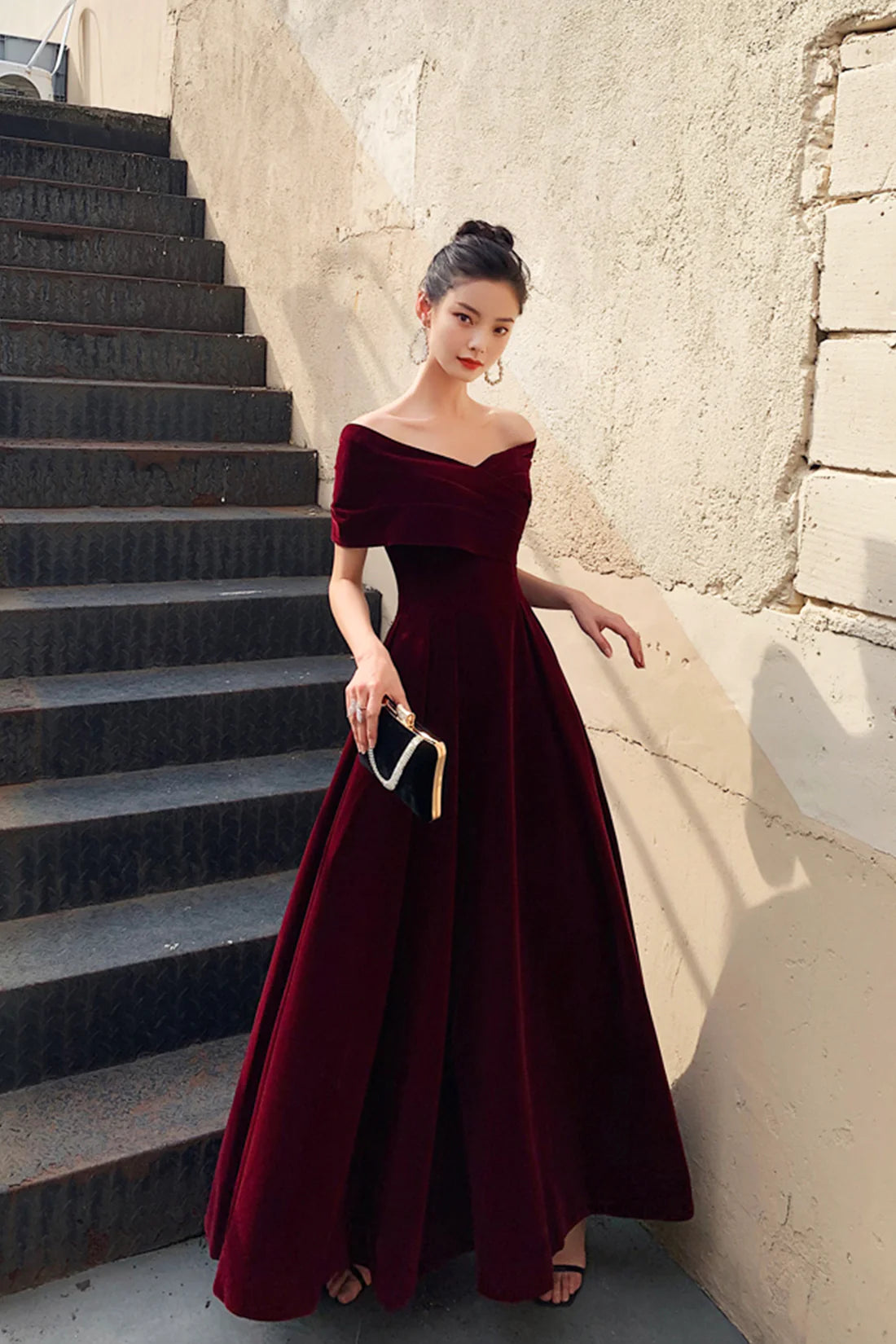 Off Shoulder Burgundy V-Neck Velvet Long Prom Dress Evening Party Dress